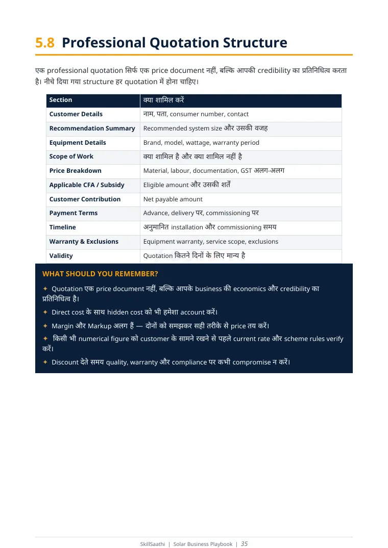 Sample page from the Solar Business Playbook: A professional quotation structure